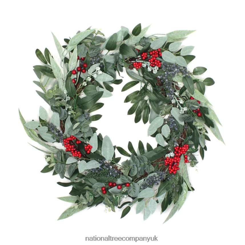 Greenery | National Tree Company Artificial Christmas Leafy Eucalyptus and Berry Wreath Decorated with Flower Buds and Berry Clusters Rustic 24 in F2L4F302